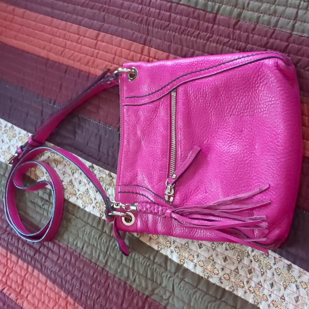 DANIER* Genuine leather hot pink crossbody bag front pouch zip top 2comp